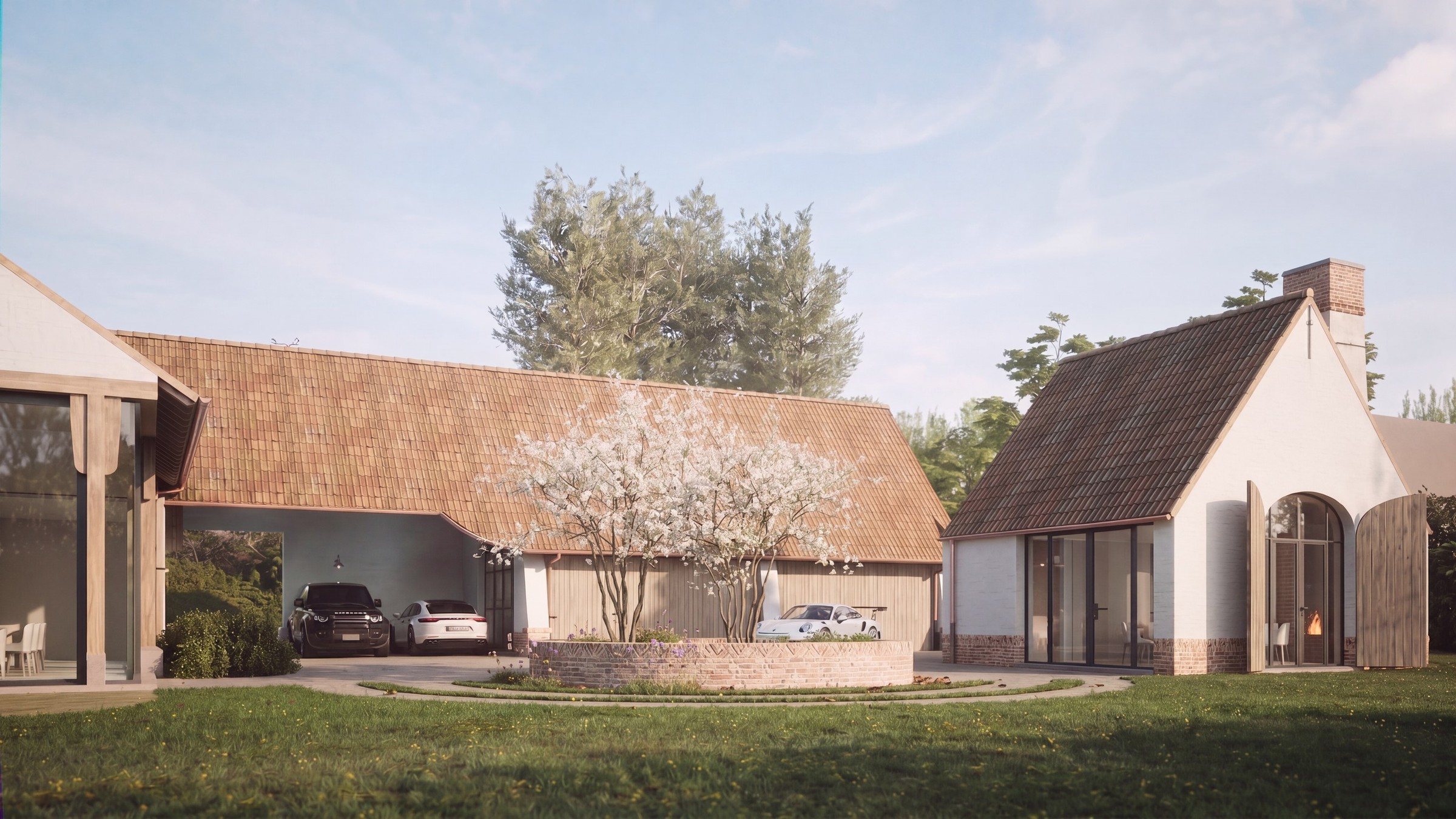 Droomland — Hoeve-typologie met dwarsgebouw en koetsterras