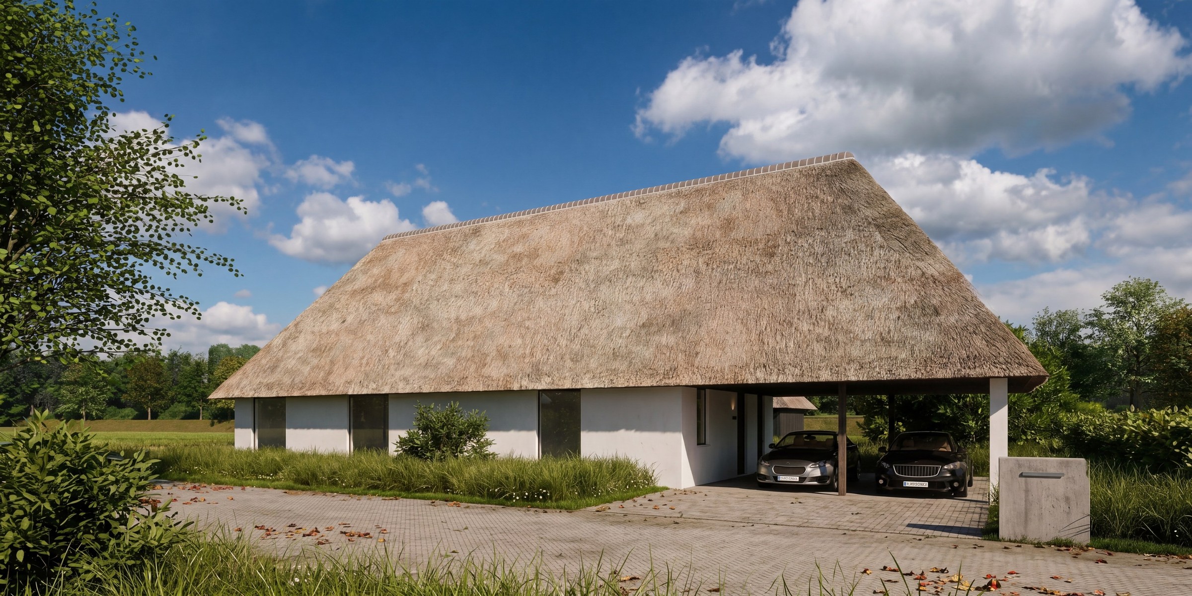 Woning Belmans — Langgerekt volume onder een rieten zadeldak